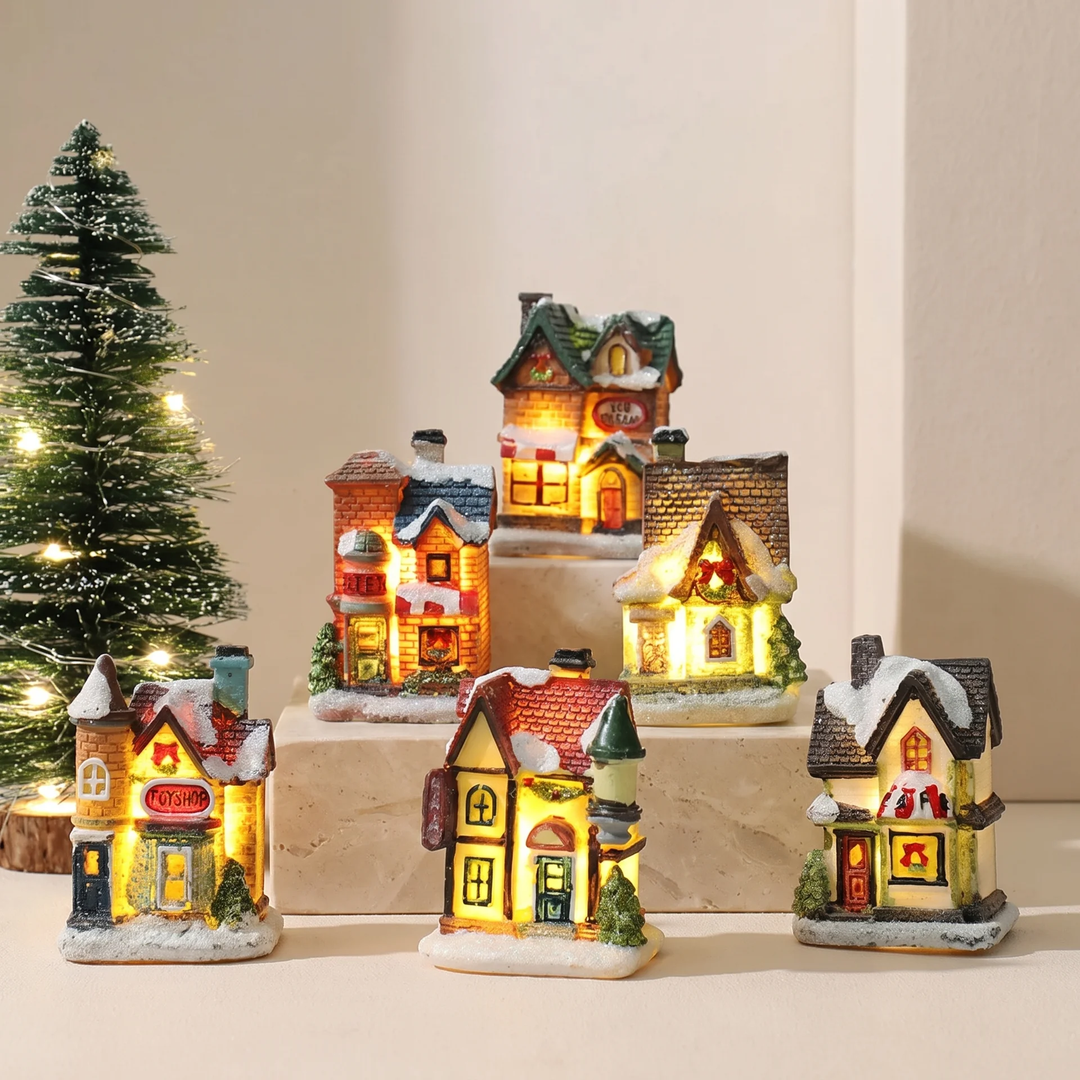 6-Piece Christmas Village Decoration Set With LED Lighting And Snow-Covered Houses - Image 1