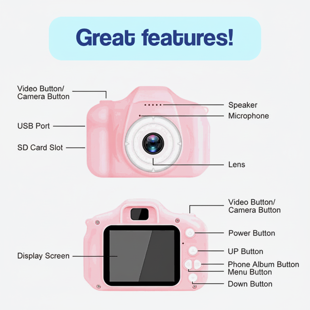 Kids Digital Camera With 64GB Card For HD Video