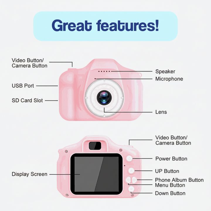 Kids Digital Camera With 64GB Card For HD Video