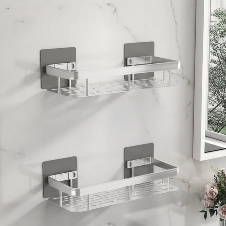Adhesive Bathroom Shelf With Stainless Steel Rail Drill-Free Shower Caddy For Toiletries - Image 9