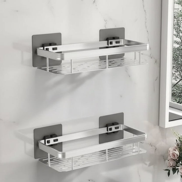 Adhesive Bathroom Shelf With Stainless Steel Rail Drill-Free Shower Caddy For Toiletries - Image 7