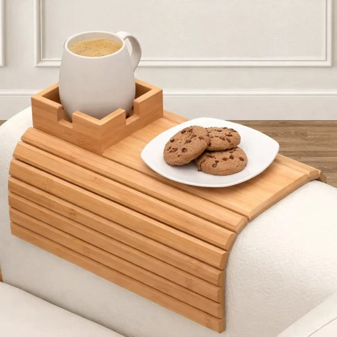 Bamboo Sofa Armrest Tray With Cup Holder - Image 1