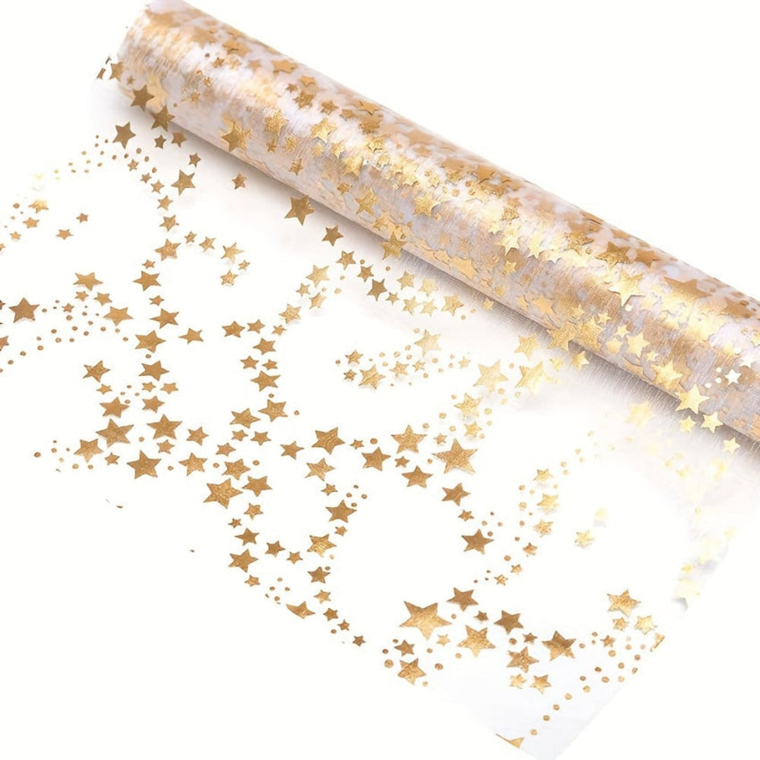Christmas Linen Table Runner With Golden Stars On Organza Elegant Festive Dining Decoration - Image 5