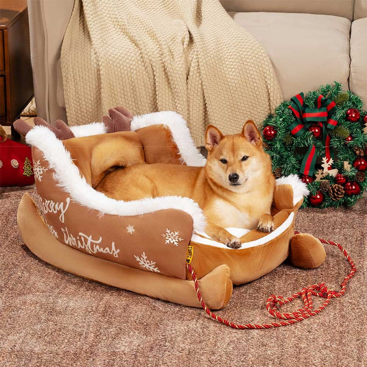 Christmas Sleigh Dog Bed Plush Velvet With Non-Slip Bottom - Image 3