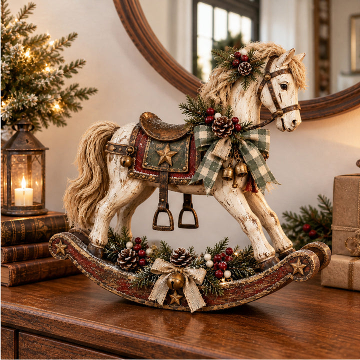 Christmas Tabletop Decor Distressed Whitewash Rocking Horse With Plaid Bow And Bells - Image 6