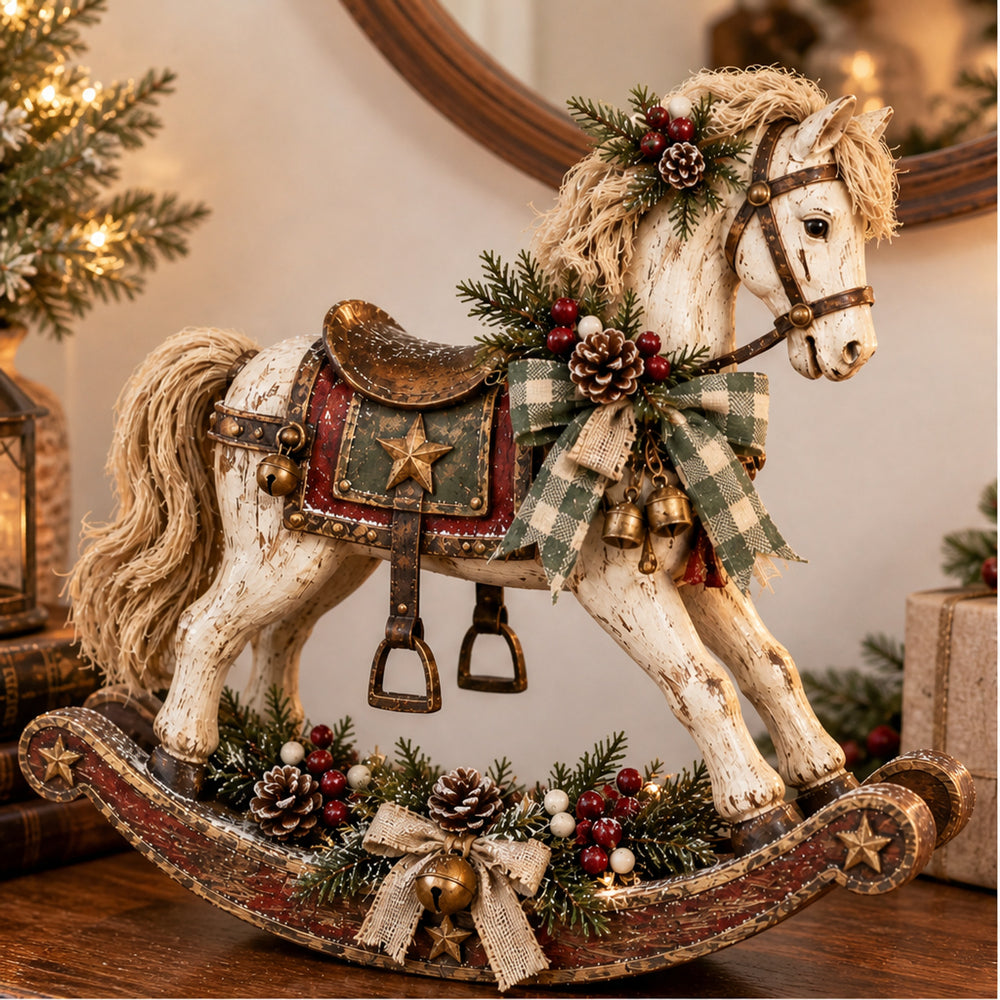 Christmas Tabletop Decor Distressed Whitewash Rocking Horse With Plaid Bow And Bells - Image 3