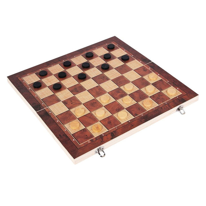 Christmas Travel Chess Set 3-in-1 Wooden Board Game With Checkers And Backgammon Portable Entertainment Gift - Image 1