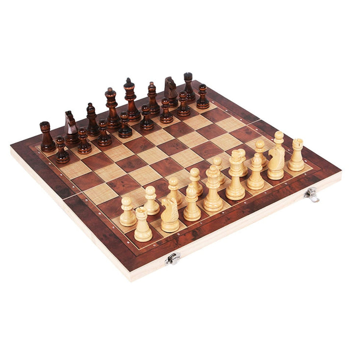 Christmas Travel Chess Set 3-in-1 Wooden Board Game With Checkers And Backgammon Portable Entertainment Gift - Image 4