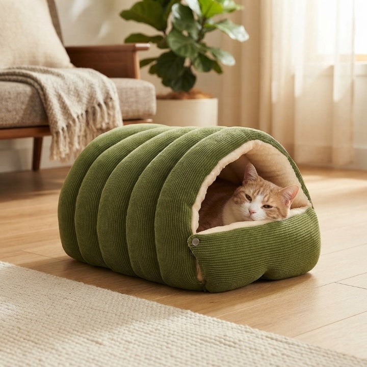 Cord Plush Pet Cave Bed For Cats And Small Dogs Foldable Draft-Proof Dome - Image 1