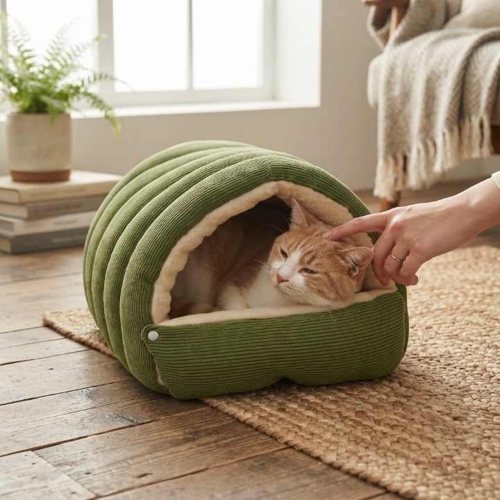 Cord Plush Pet Cave Bed For Cats And Small Dogs Foldable Draft-Proof Dome - Image 3