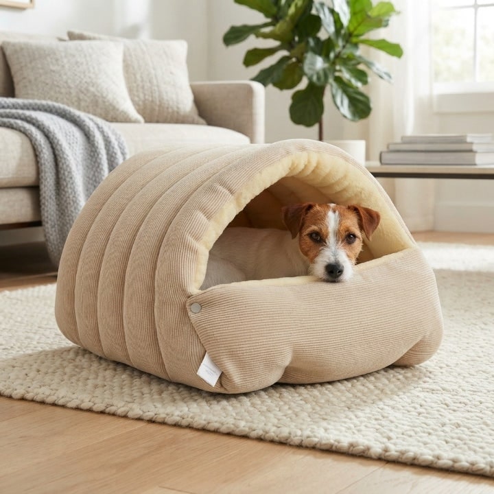 Cord Plush Pet Cave Bed For Cats And Small Dogs Foldable Draft-Proof Dome - Image 8