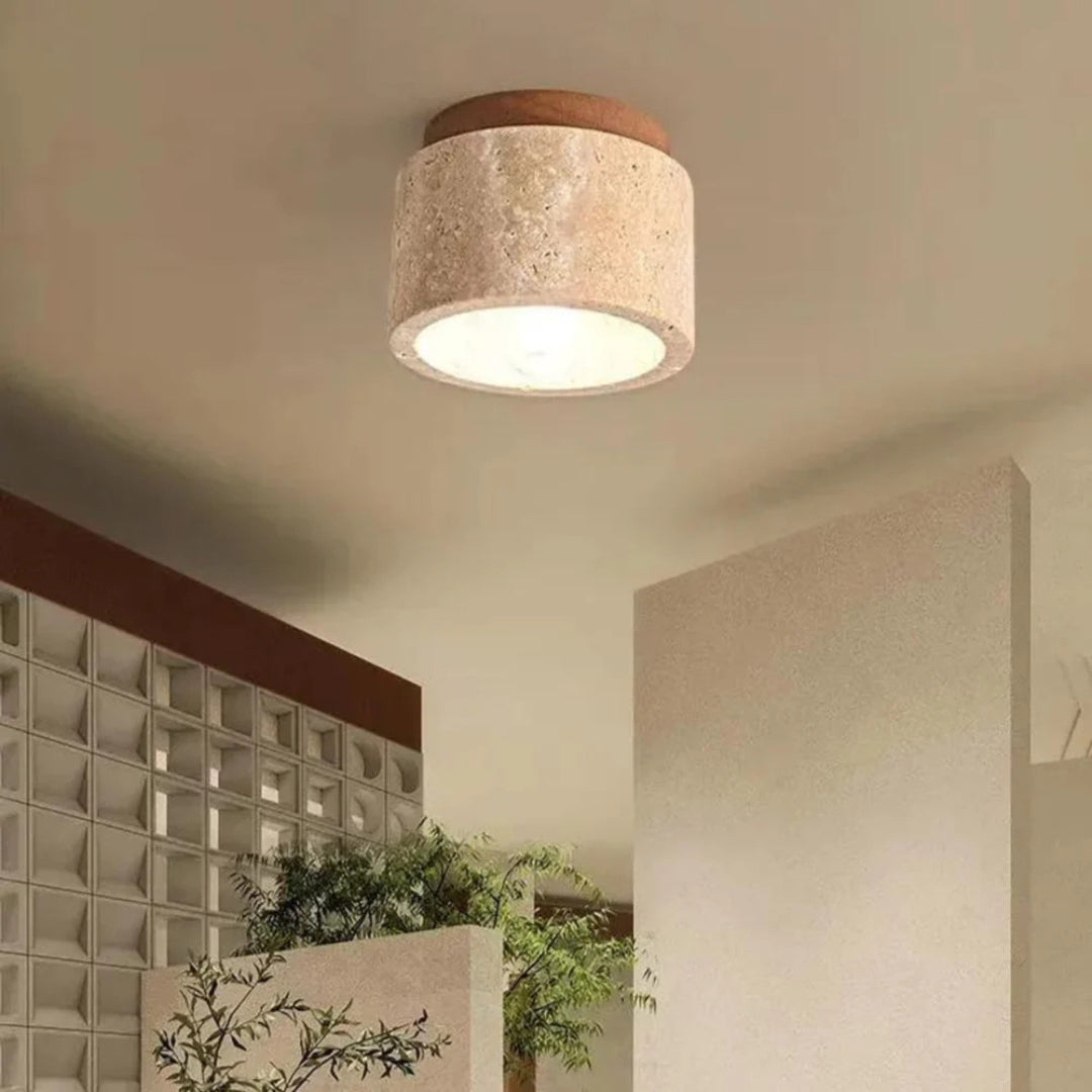Cylindrical Travertine Stone Shade Flush Mount Ceiling Light - Image 4