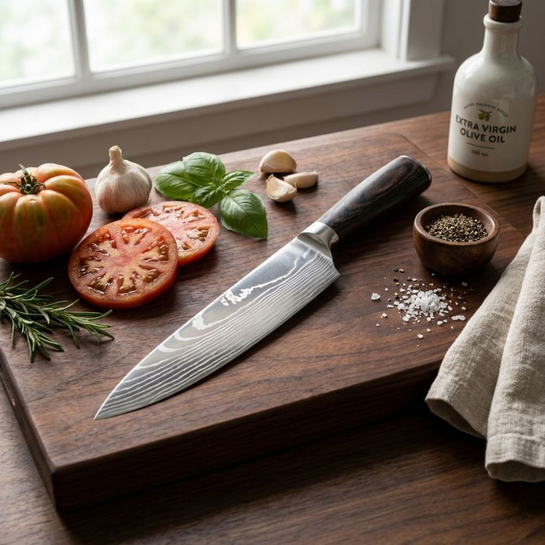 Damascus Chef Knife With 67-Layer Steel Blade And Ergonomic Resin-Wood Handle 20cm - Image 8