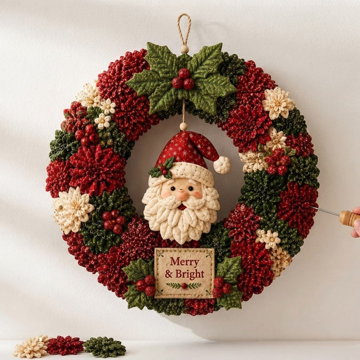 Diy Christmas Wreath Craft Kit With 3D Fabric Flowers And Wooden Pressing Tool - Image 2