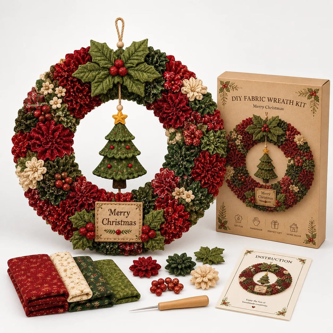Diy Christmas Wreath Craft Kit With 3D Fabric Flowers And Wooden Pressing Tool - Image 7