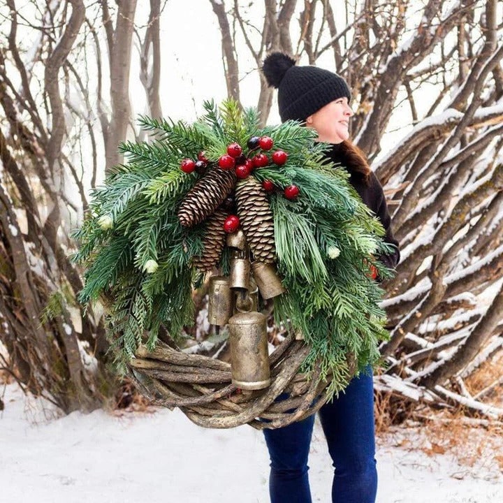 Farmhouse Christmas Wreath With Pinecones Berries And Golden Bells - Image 1
