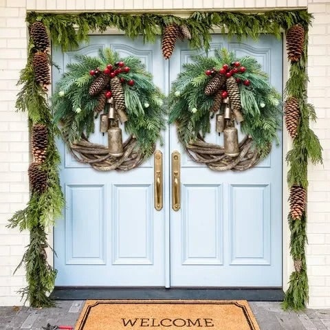 Farmhouse Christmas Wreath With Pinecones Berries And Golden Bells - Image 2