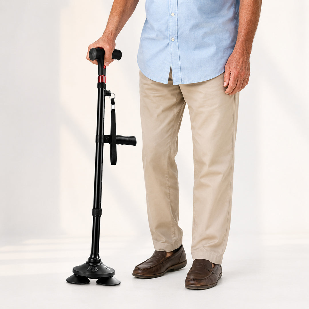Foldable Quad Cane With Pivoting Base LED Light And Cushioned T-Handle - Image 2