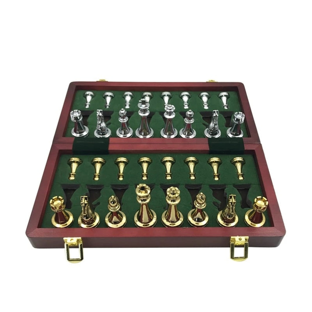 Folding Chess Board Set With Zinc Alloy Pieces Wooden Travel Board - Image 1