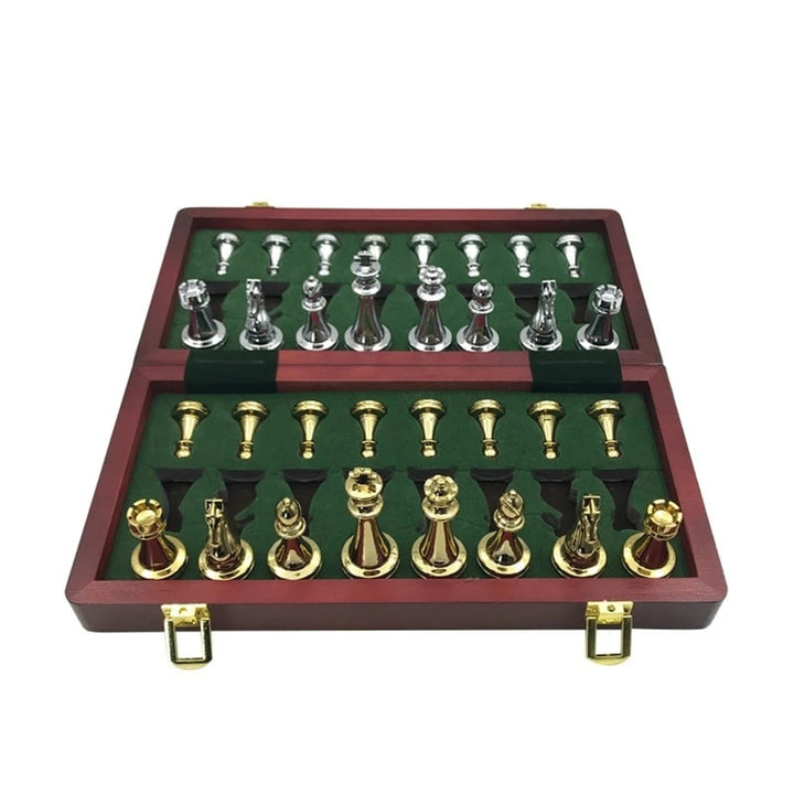 Folding Chess Board Set With Zinc Alloy Pieces Wooden Travel Board - Image 1