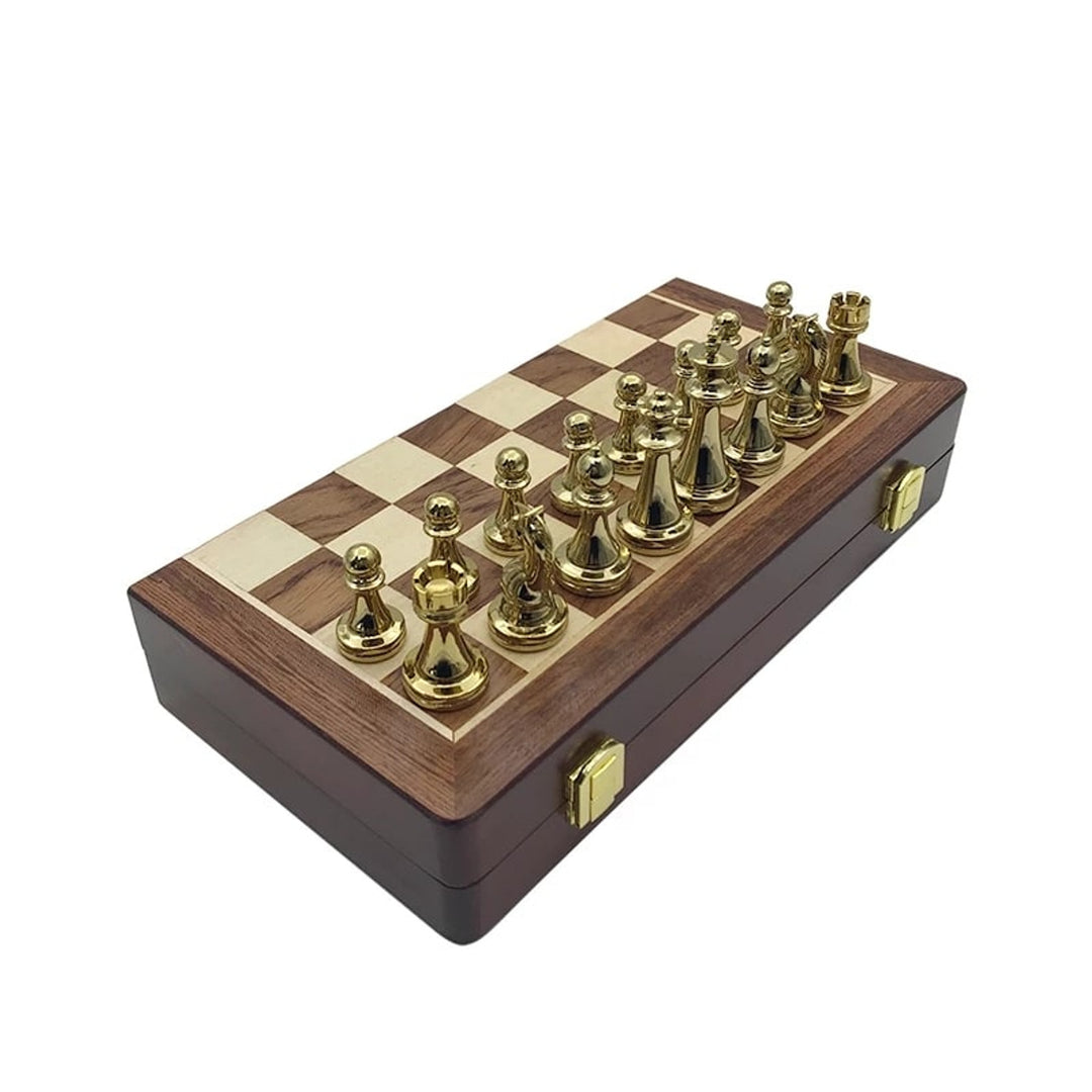 Folding Chess Board Set With Zinc Alloy Pieces Wooden Travel Board - Image 2