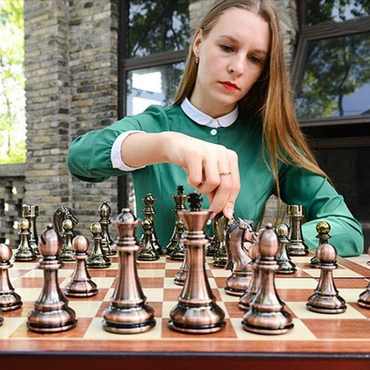 Folding Metal Alloy Chess Set With European Style Pieces Educational Board Game - Image 3