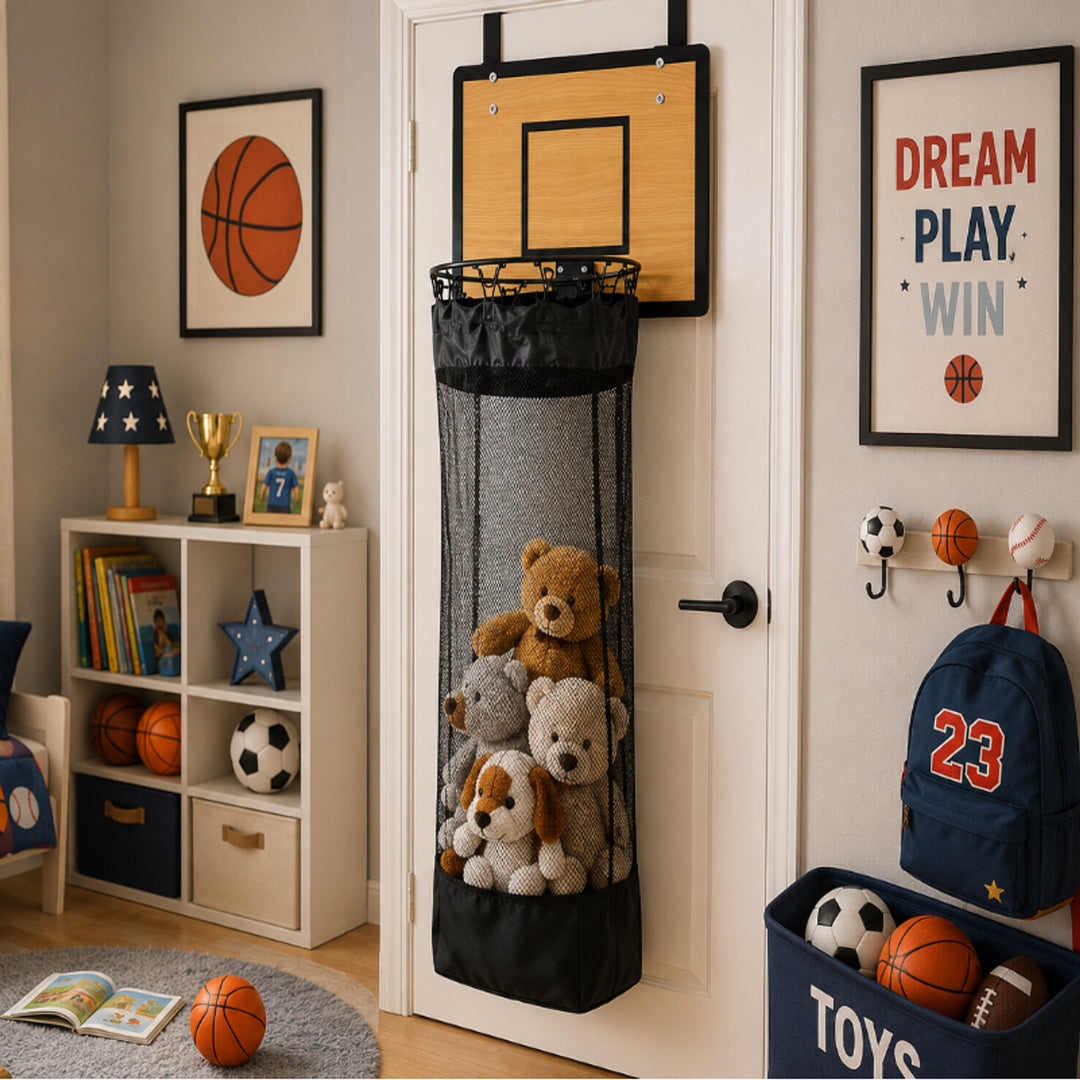 Hanging Storage Organizer With Basketball Hoop Design For Kids' Laundry And Toys - Image 1
