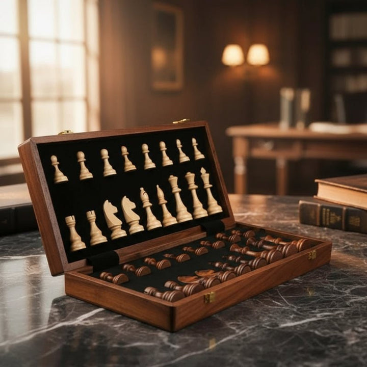 Masterfold Wooden Chess Set With Solid Wood Pieces And Folding Storage Board - Image 1