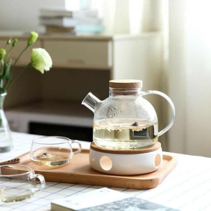 Scandinavian Glass Teapot Set With Wooden Lid - Image 1
