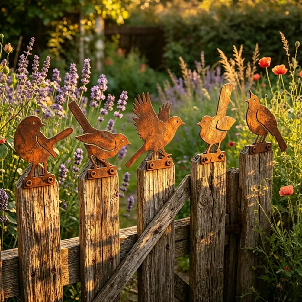 Weathered Corten Steel Bird Silhouettes Set Of 5 Garden Decor - Image 3