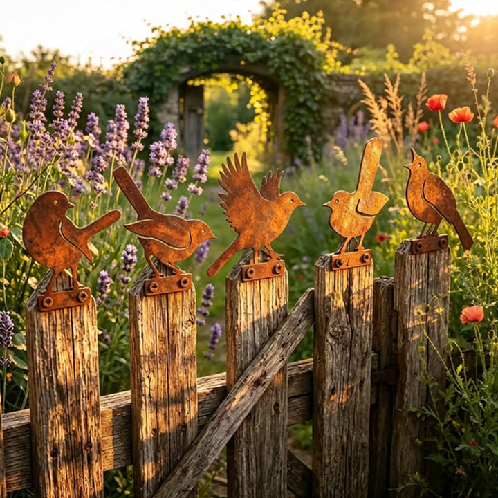 Weathered Corten Steel Bird Silhouettes Set Of 5 Garden Decor - Image 2