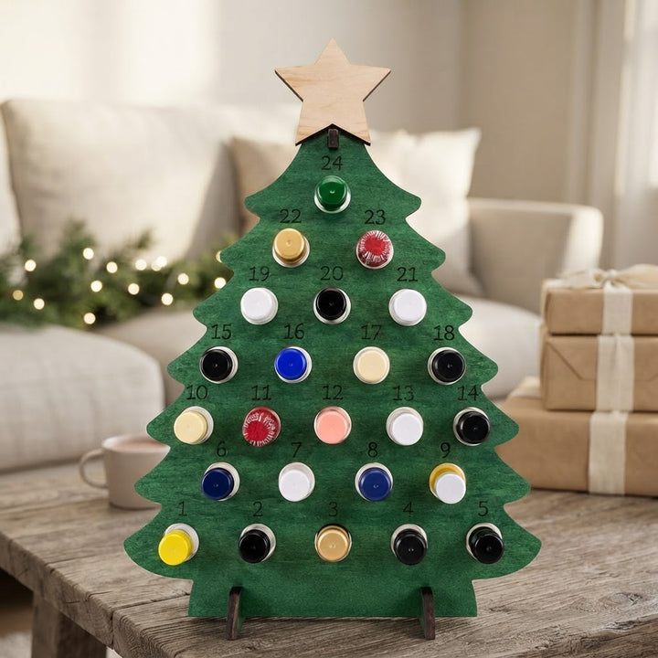 Wooden Christmas Tree Bottle Advent Calendar With 24 Compartments Freestanding Holiday Countdown Display - Image 1