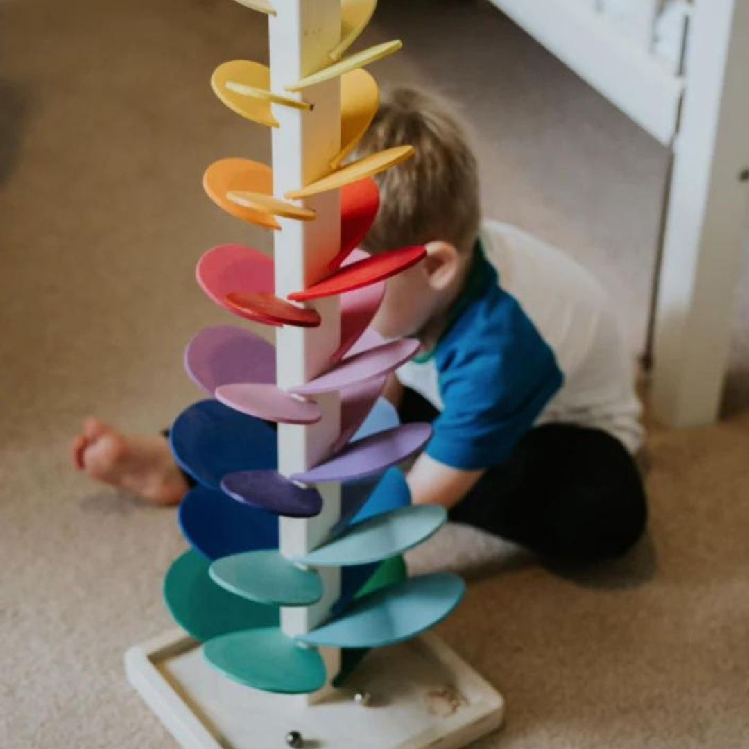 Wooden Ball Drop Tower For Toddlers With Colorful Spiral Design And Natural Wood - Image 7