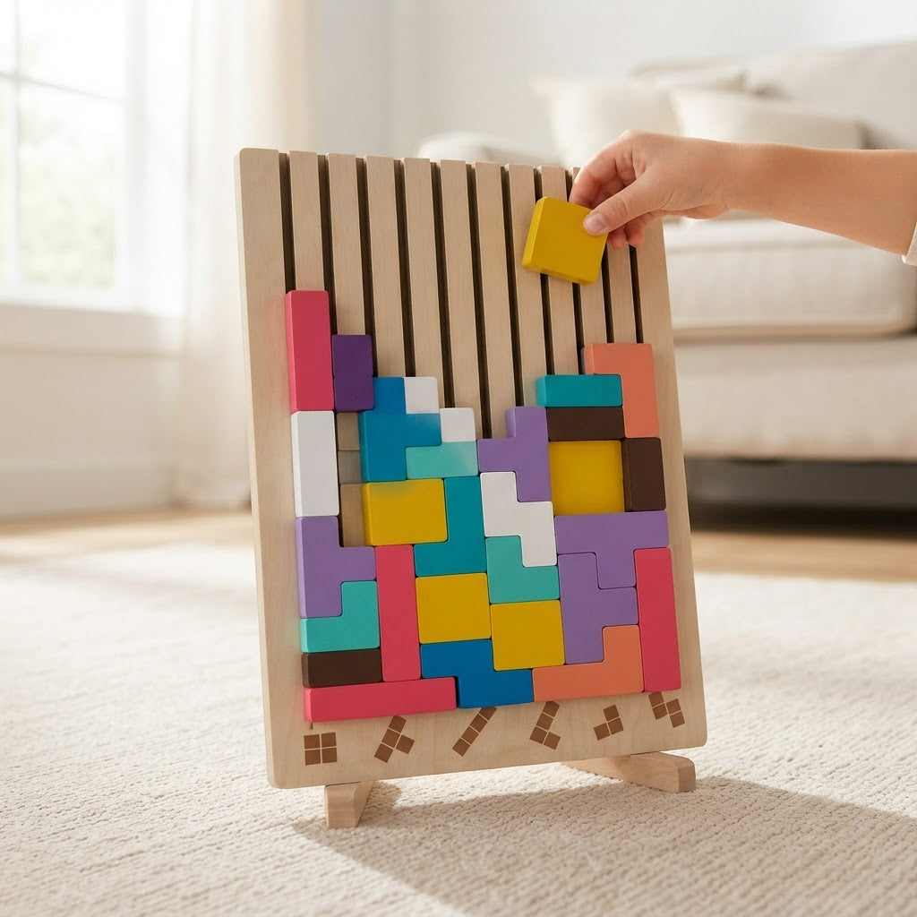 Vertical Wooden Block Puzzle With Pattern Cards For Screen-Free Focus - Image 1