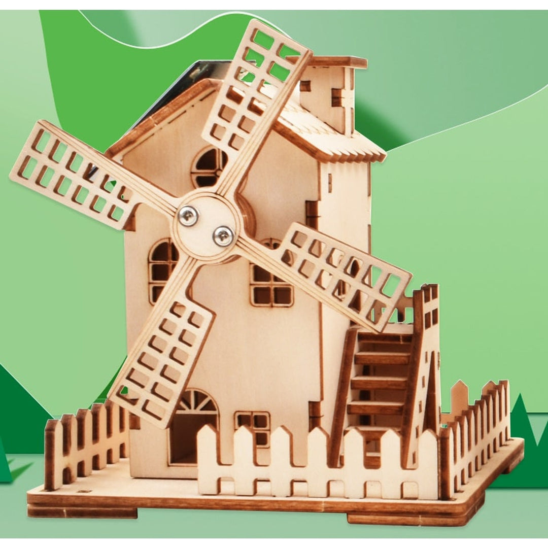 Wooden Windmill Puzzle Kit Solar Powered 3D Diy Educational Toy - Image 2